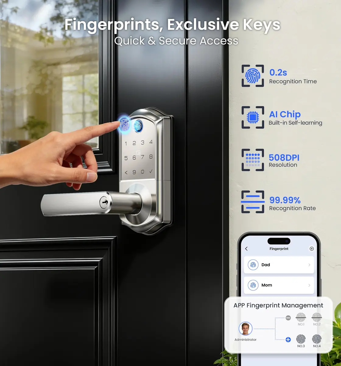Veise VE019 Smart Lever Lock with Handle, Fingerprint Keyless Entry Door Lock, Satin Nickel | ANSI Grade 3 & BHMA Tested - view 4
