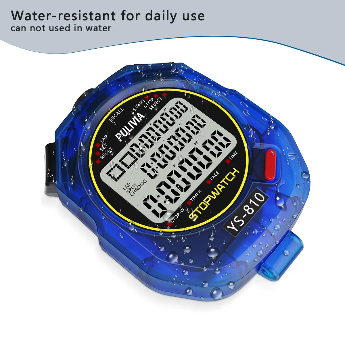 PULIVIA Digital Stopwatch Timer with Lanyard - 10 Splits/Laps, Countdown, Pace Mode, Blue - view 5