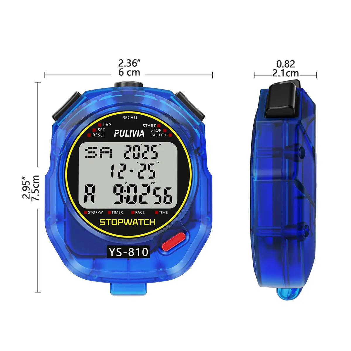 PULIVIA Digital Stopwatch Timer with Lanyard - 10 Splits/Laps, Countdown, Pace Mode, Blue - view 6