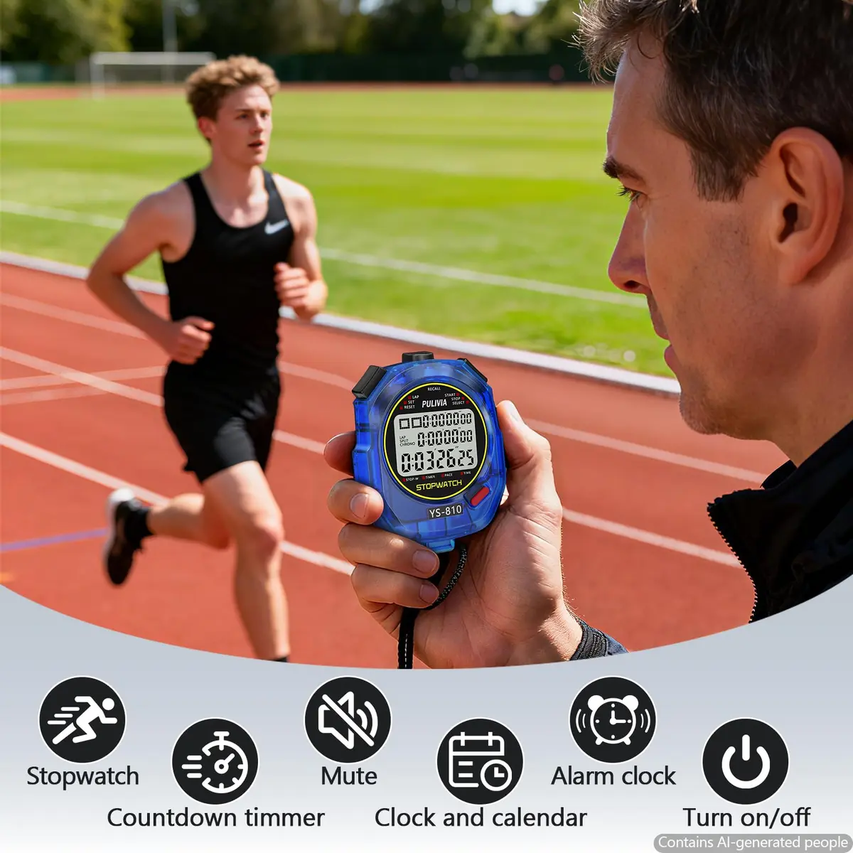 PULIVIA Digital Stopwatch Timer with Lanyard - 10 Splits/Laps, Countdown, Pace Mode, Blue - view 2