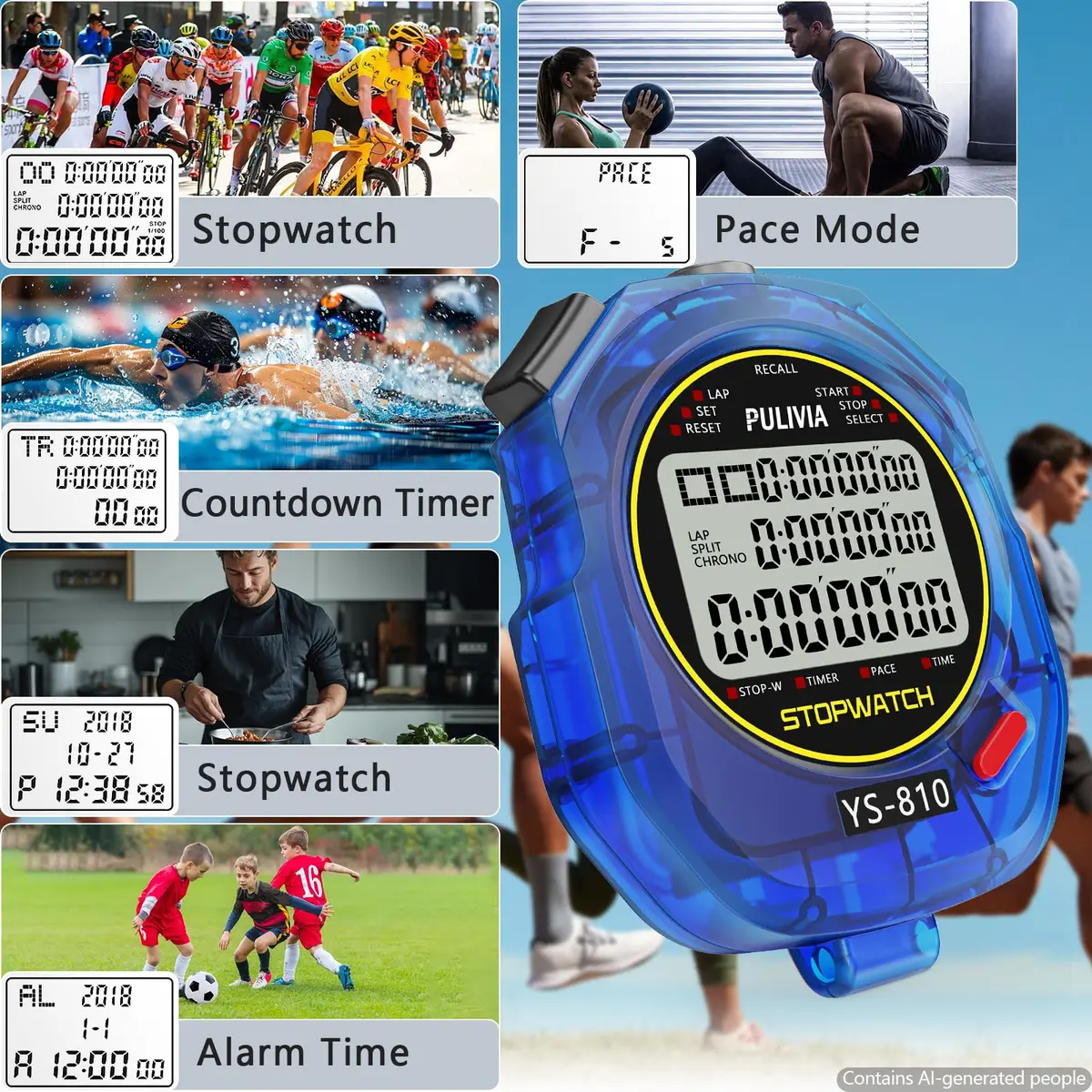 PULIVIA Digital Stopwatch Timer with Lanyard - 10 Splits/Laps, Countdown, Pace Mode, Blue - view 3