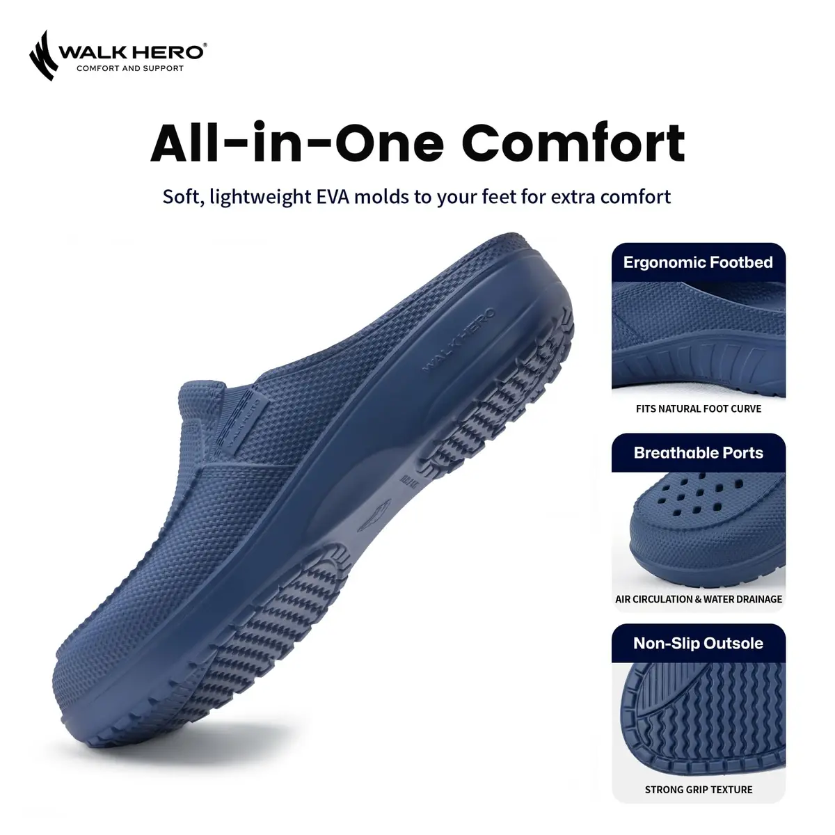 WALK·HERO COMFORT AND SUPPORT Garden Clogs for Men with Arch Support, Cushion Footbed | Lightweight, Slip-Resistant, Wide Toe - view 3