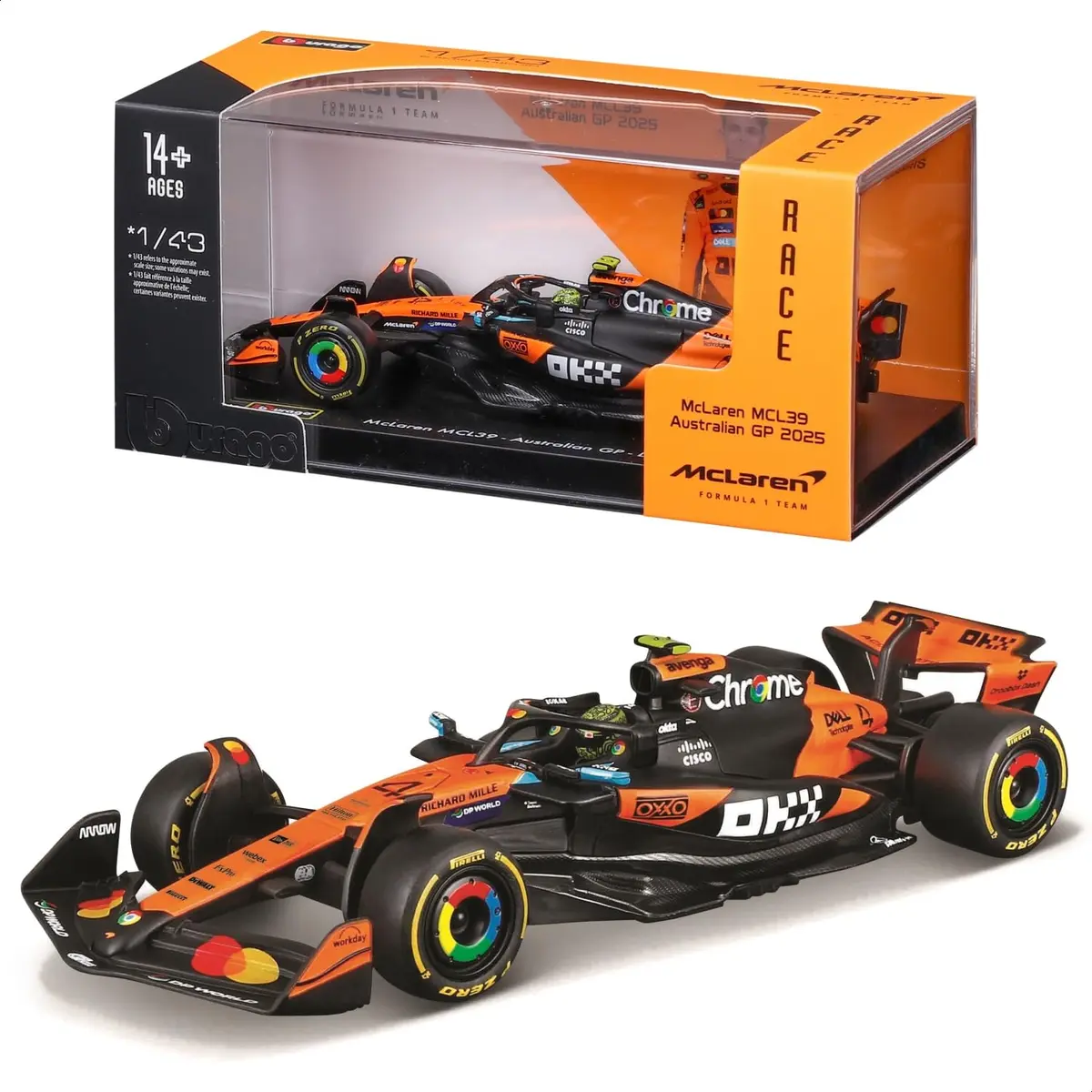Bburago 1:43 Race Formula McLaren MCL39 w/Helmet (2025) Norris #4 | Highly detailed die-cast replica for collectors and kids - main product image