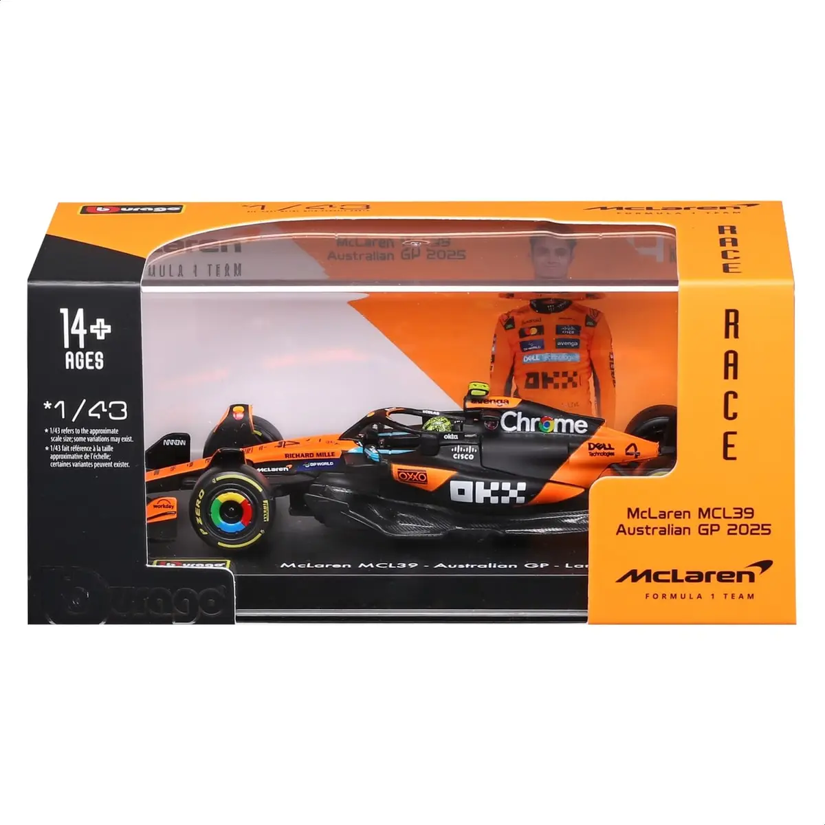 Bburago 1:43 Race Formula McLaren MCL39 w/Helmet (2025) Norris #4 | Highly detailed die-cast replica for collectors and kids - view 7