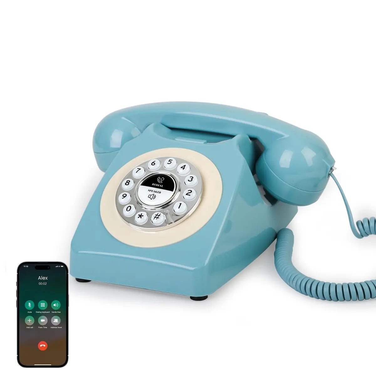 Aokpsrt Retro Blue Bluetooth Landline Phone | Mid-Century Style Desk Telephone with Vintage Ringtones (0.811 Fl Oz) - main product image