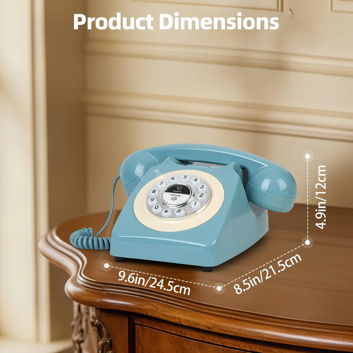 Aokpsrt Retro Blue Bluetooth Landline Phone | Mid-Century Style Desk Telephone with Vintage Ringtones (0.811 Fl Oz) - view 7
