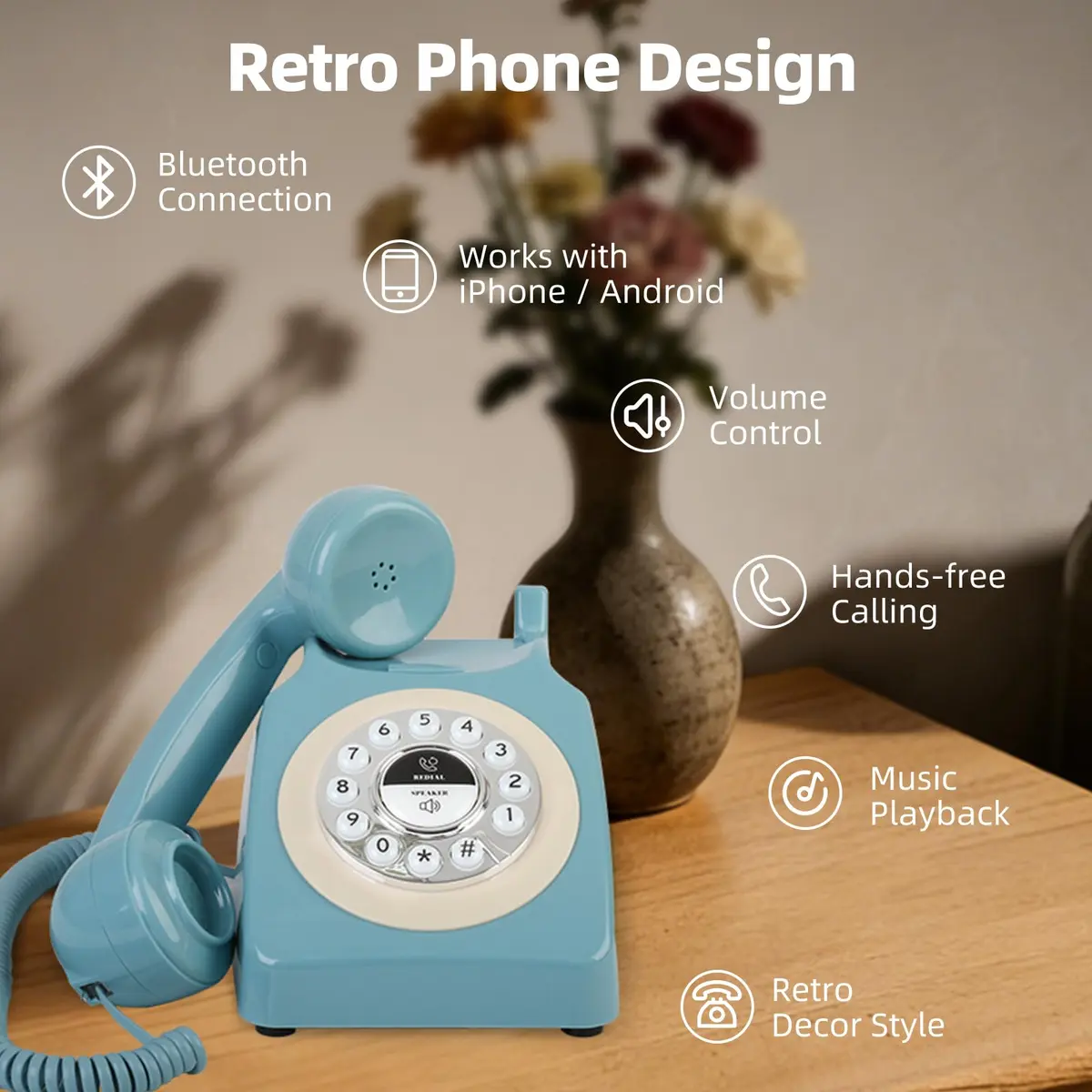 Aokpsrt Retro Blue Bluetooth Landline Phone | Mid-Century Style Desk Telephone with Vintage Ringtones (0.811 Fl Oz) - view 2