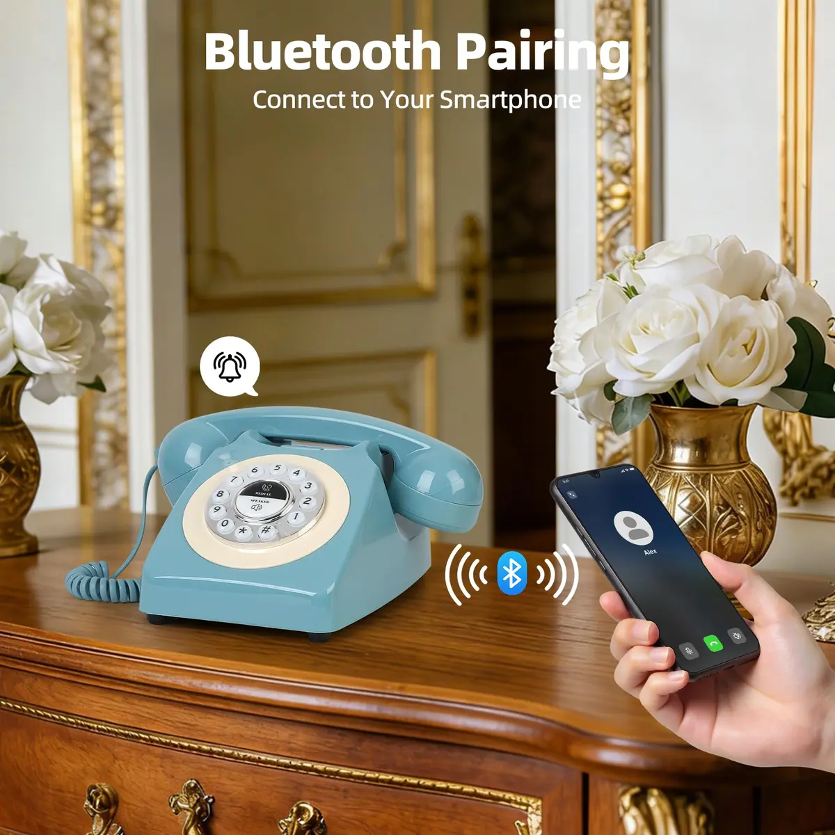 Aokpsrt Retro Blue Bluetooth Landline Phone | Mid-Century Style Desk Telephone with Vintage Ringtones (0.811 Fl Oz) - view 3