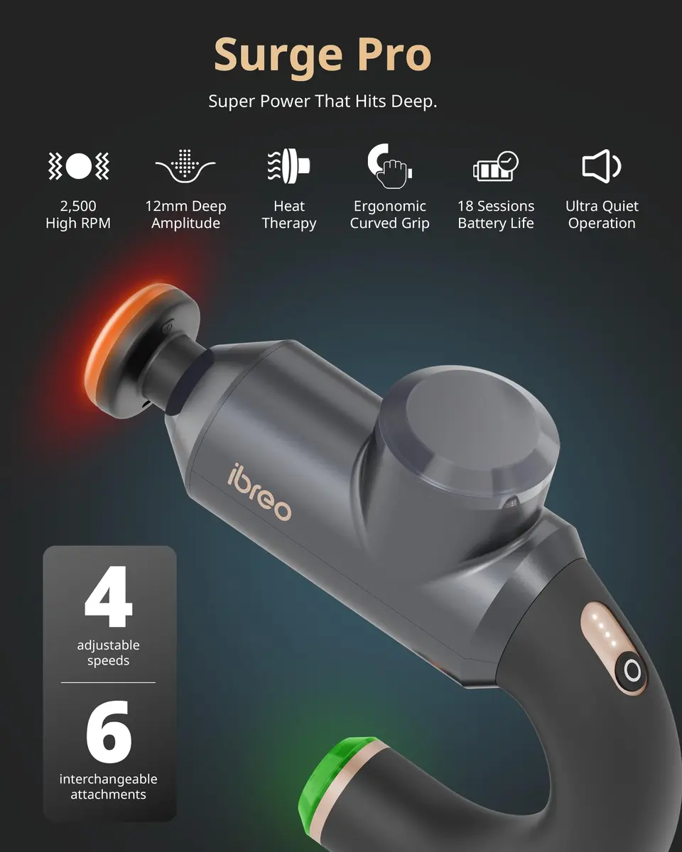 ibreo Surge Pro Deep Tissue Massage Gun with Heat | Percussion Muscle Massager for Pain Relief, 12mm Amplitude, 4 Speeds, 6 Heads, Handheld, 1.74 lbs - view 2