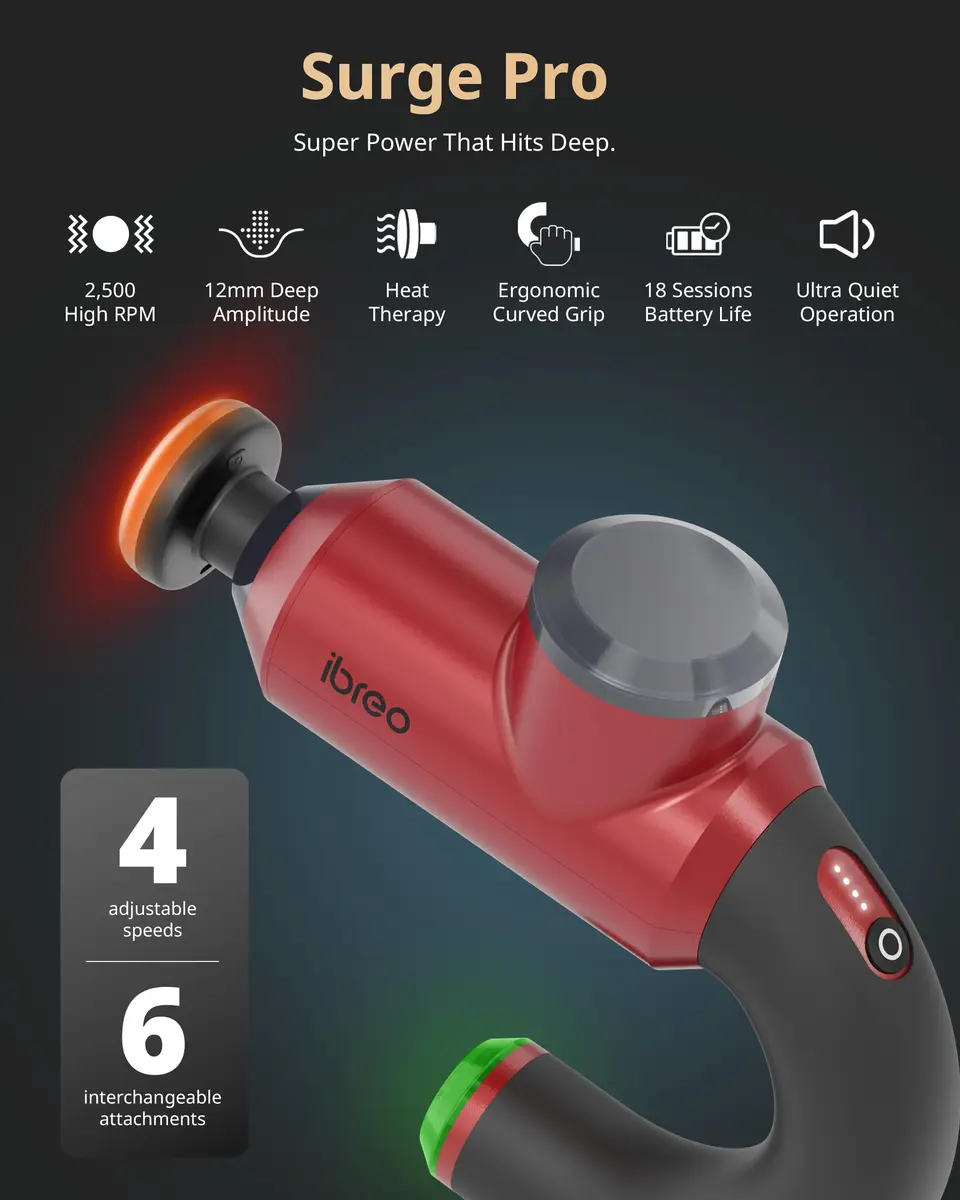 ibreo Surge Pro Deep Tissue Massage Gun with Heat | 12mm Amplitude, 4 Speeds, 6 Heads for Pain Relief - view 2