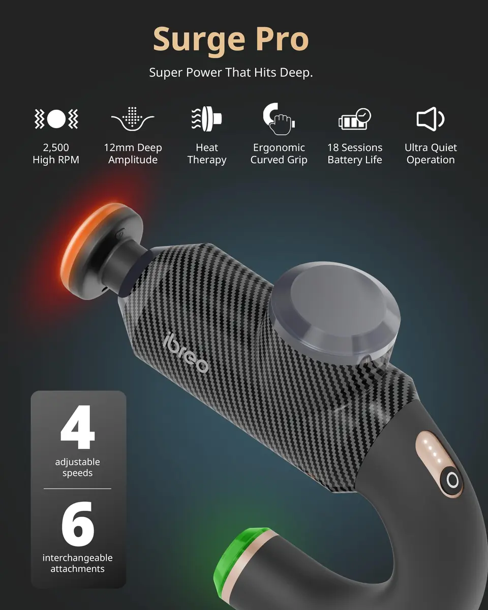 ibreo Surge Pro Deep Tissue Massage Gun with Heat | Percussion Muscle Massager for Pain Relief, 12mm Amplitude, 4 Speeds, 6 Heads, Handheld, Lightweight - view 2