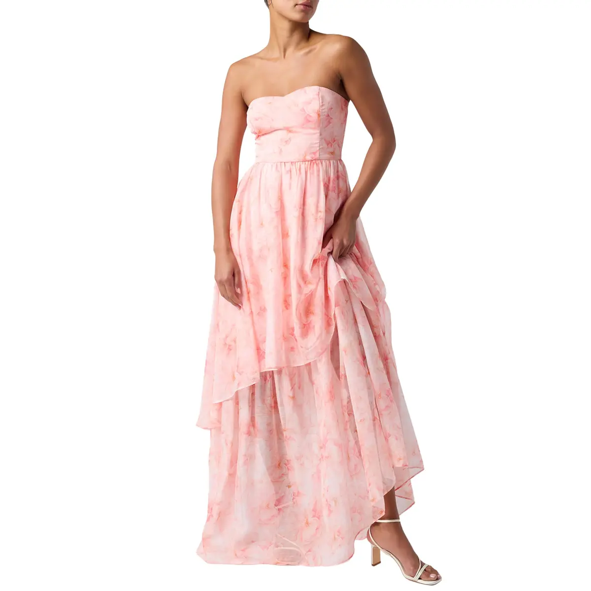 Lulus Alana Tiered Women's Printed Maxi Dress, Peach Multi, Medium | Elegant flowy summer dress for women - main product image