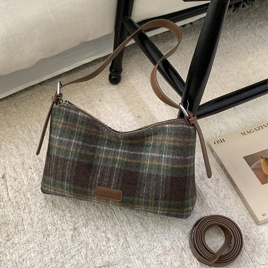 Oagasi Crossbody Bag Green | Vintage Plaid Leather Tote for Women (10.24in x 2.76in x 6.3in) - view 5