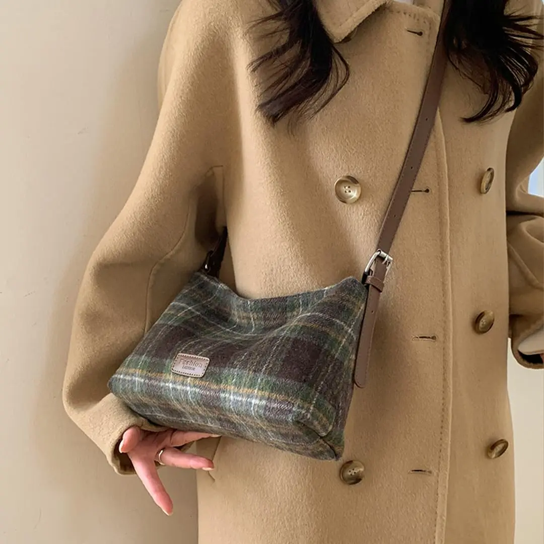 Oagasi Crossbody Bag Green | Vintage Plaid Leather Tote for Women (10.24in x 2.76in x 6.3in) - view 2