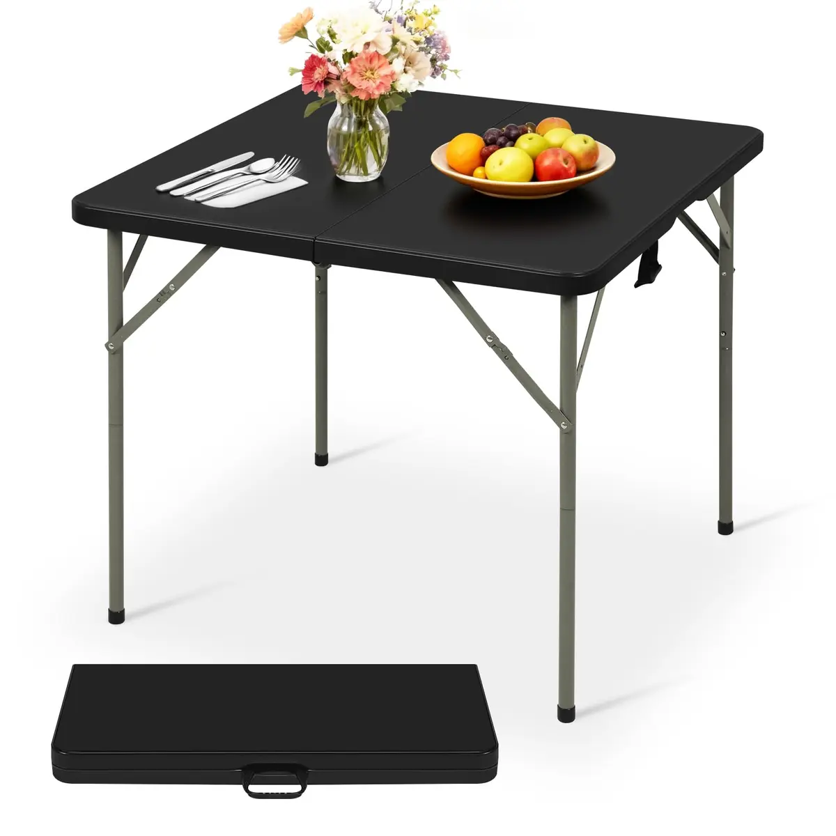 Pazidom 34" Folding Card Table, Heavy Duty Plastic Square Table - Portable Fold-in-Half w/Handle & Lock for Camping, BBQ, Party, Events, Black - main product image