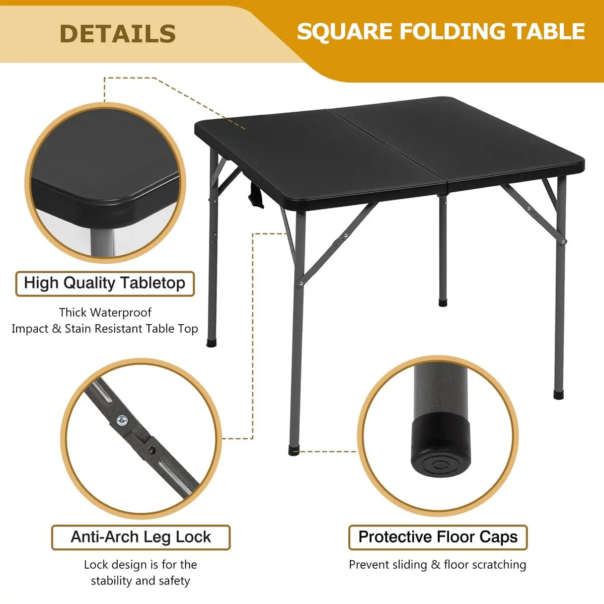 Pazidom 34" Folding Card Table, Heavy Duty Plastic Square Table - Portable Fold-in-Half w/Handle & Lock for Camping, BBQ, Party, Events, Black - view 7