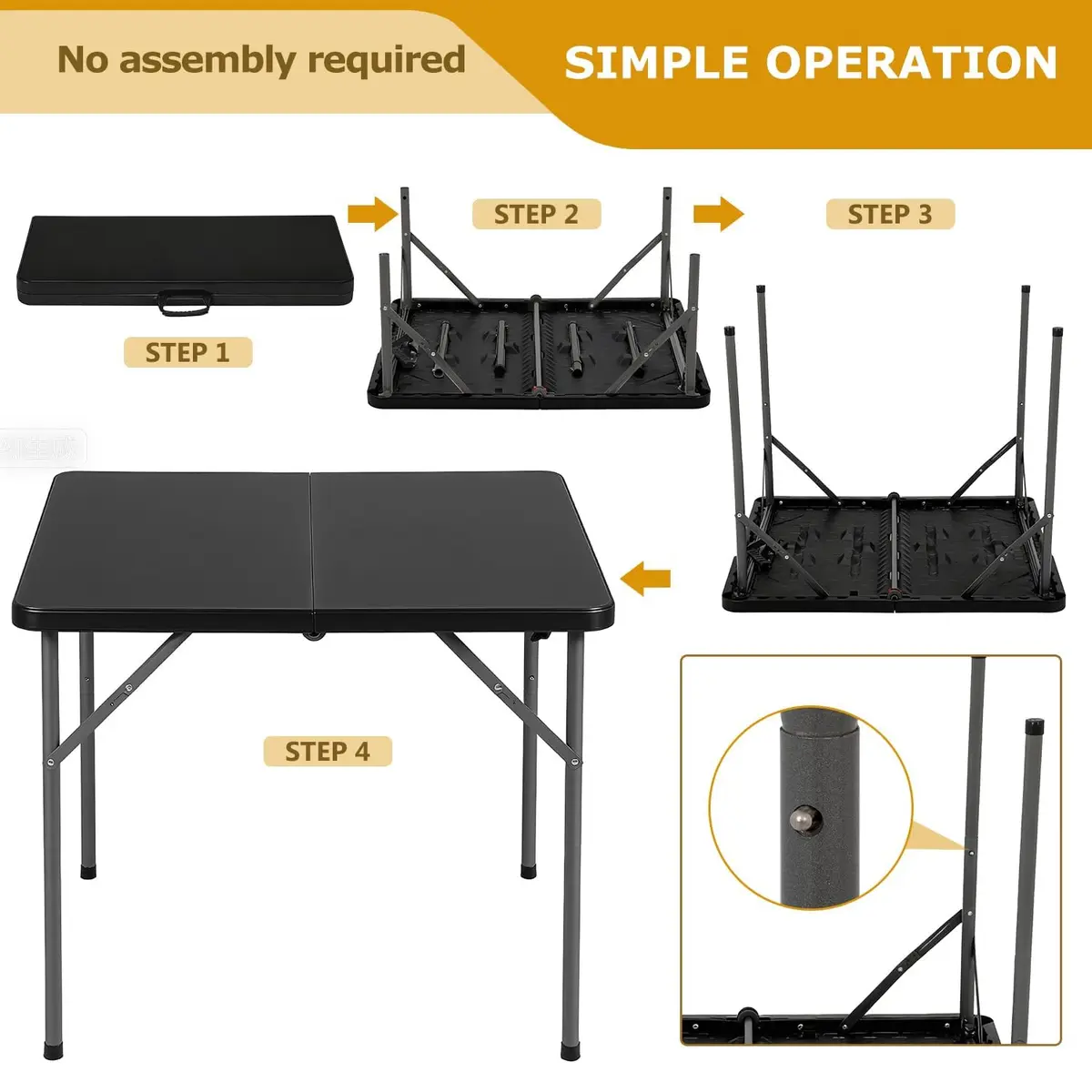 Pazidom 34" Folding Card Table, Heavy Duty Plastic Square Table - Portable Fold-in-Half w/Handle & Lock for Camping, BBQ, Party, Events, Black - view 8