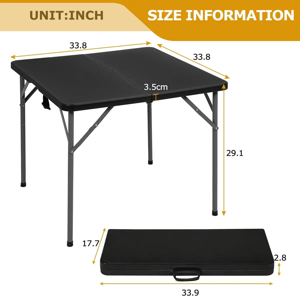 Pazidom 34" Folding Card Table, Heavy Duty Plastic Square Table - Portable Fold-in-Half w/Handle & Lock for Camping, BBQ, Party, Events, Black - view 2