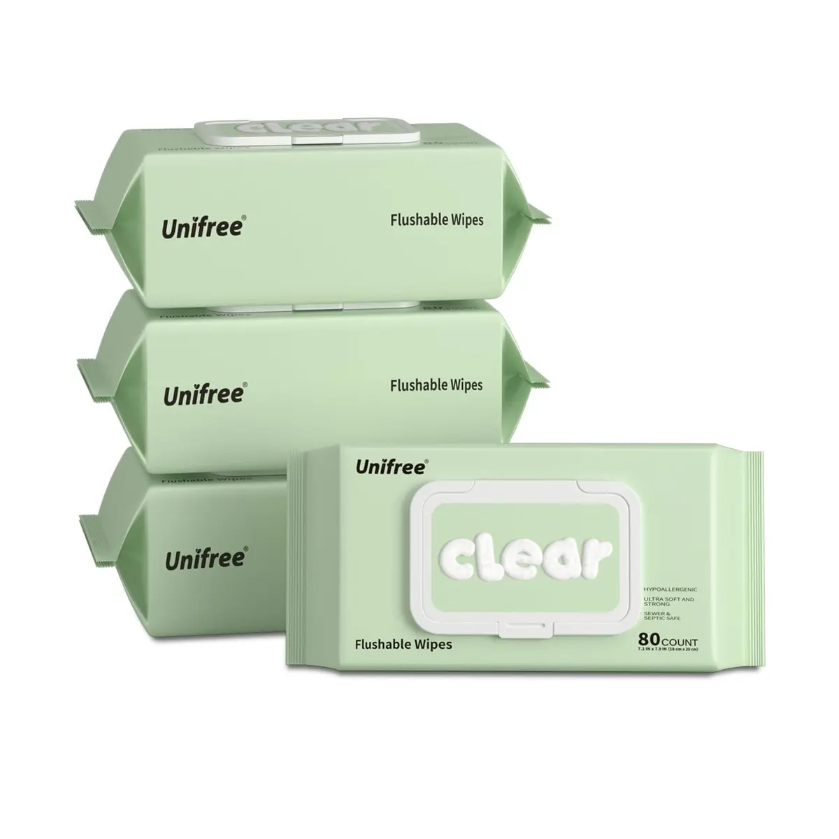 UNIFREE Flushable Wipes XL | Gentle, Septic & Sewer Safe, Biodegradable, 4 Large Packs (320 Wipes) - main product image