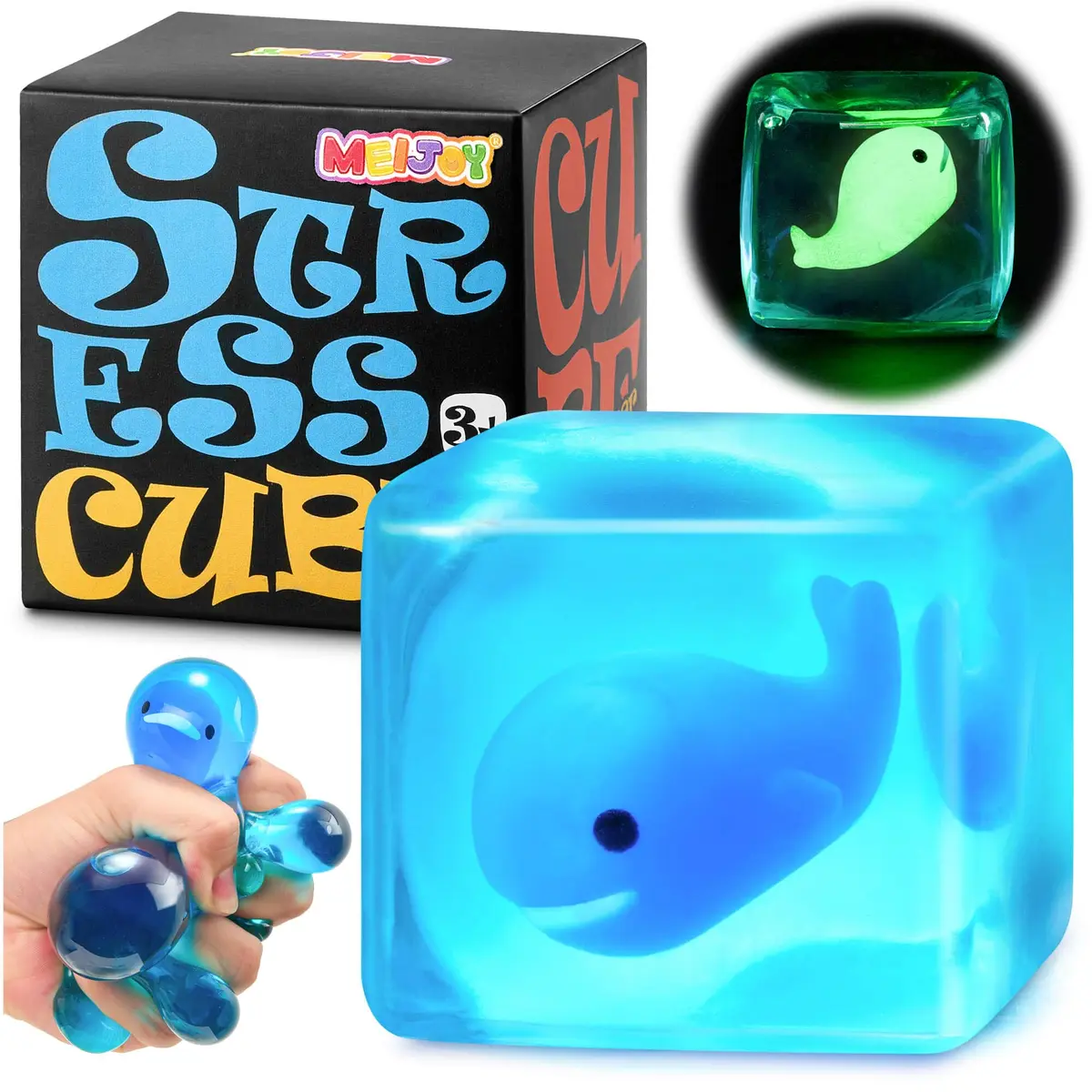 Meijoy Stress Cube Squishy Fidget Toy with Glow-in-the-Dark Whale 6.0cm (2.36 inches) | Sensory Toy for Anxiety Relief - main product image