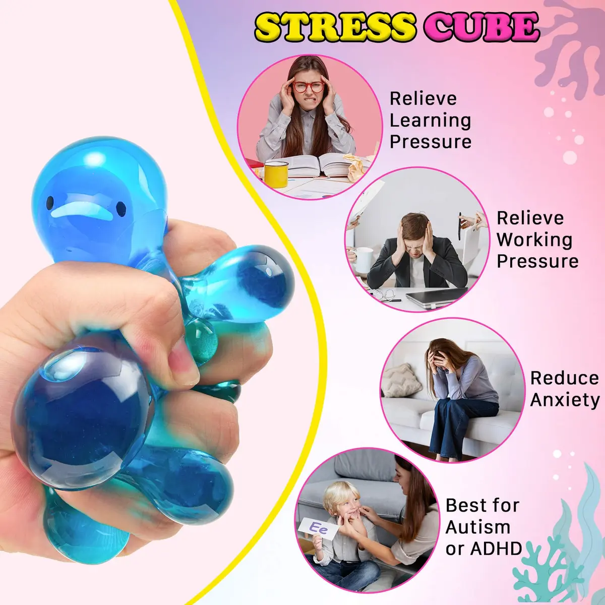 Meijoy Stress Cube Squishy Fidget Toy with Glow-in-the-Dark Whale 6.0cm (2.36 inches) | Sensory Toy for Anxiety Relief - view 5
