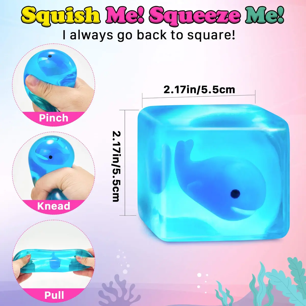 Meijoy Stress Cube Squishy Fidget Toy with Glow-in-the-Dark Whale 6.0cm (2.36 inches) | Sensory Toy for Anxiety Relief - view 2