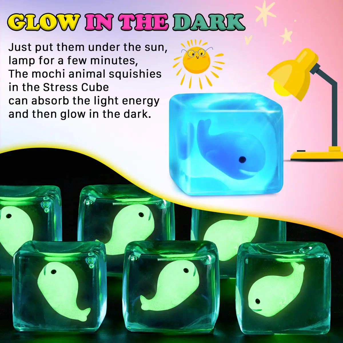 Meijoy Stress Cube Squishy Fidget Toy with Glow-in-the-Dark Whale 6.0cm (2.36 inches) | Sensory Toy for Anxiety Relief - view 4