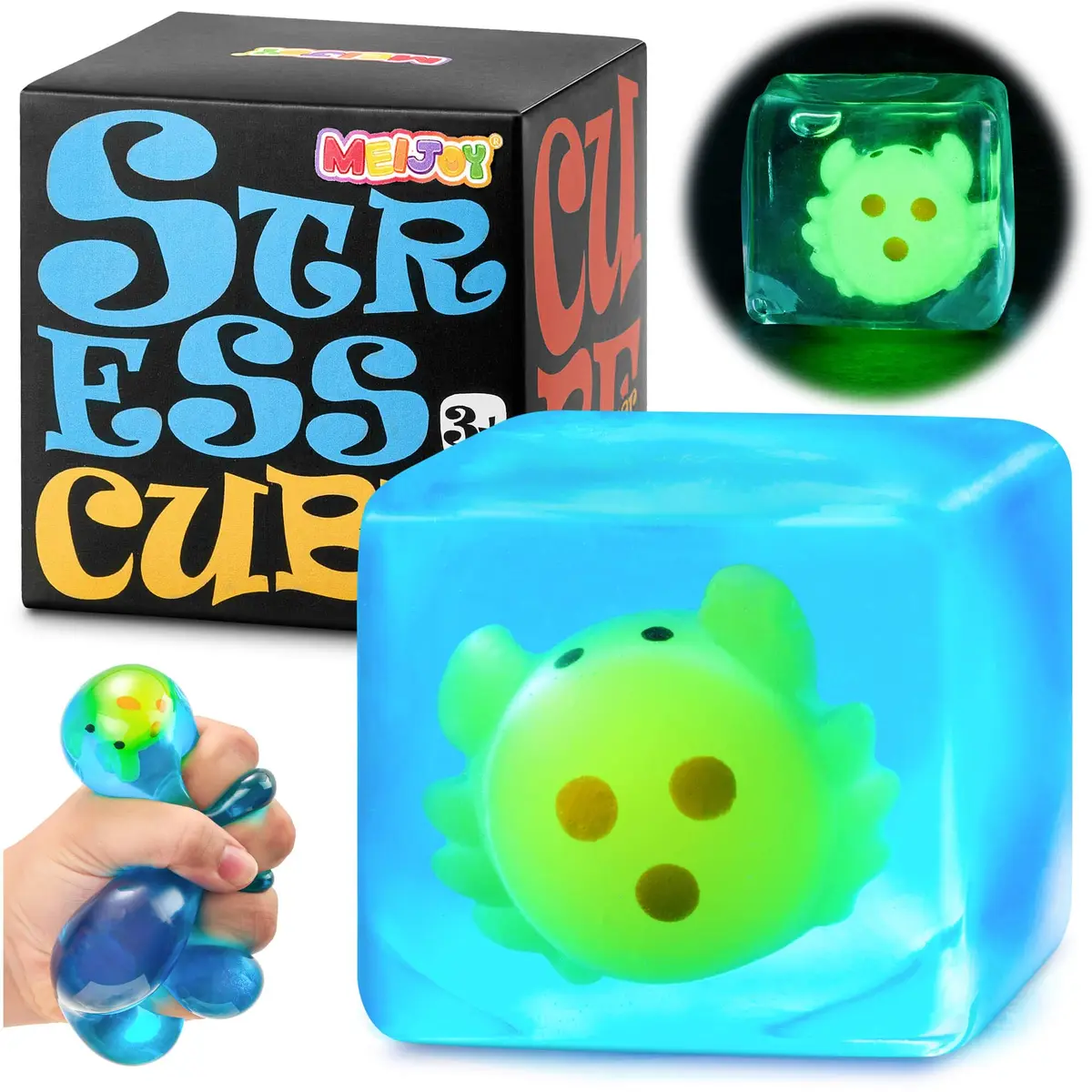 Meijoy Stress Cube Squishy Fidget Toy 6.0cm (2.36 inches) | Glow-in-the-Dark Crab Mochi Inside - main product image