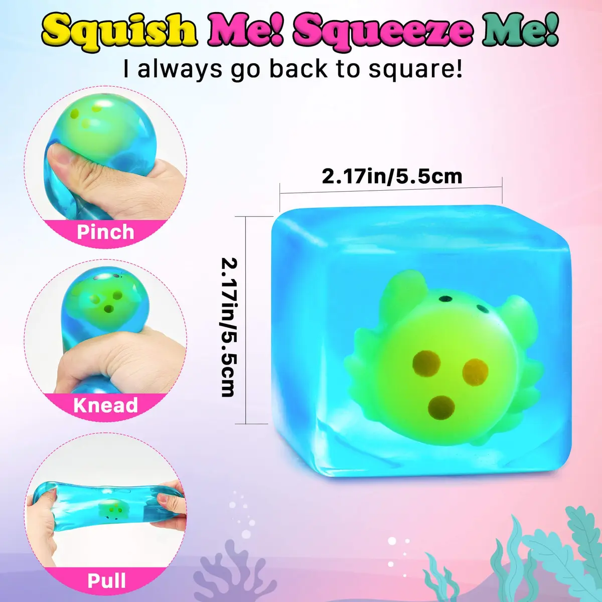 Meijoy Stress Cube Squishy Fidget Toy 6.0cm (2.36 inches) | Glow-in-the-Dark Crab Mochi Inside - view 2