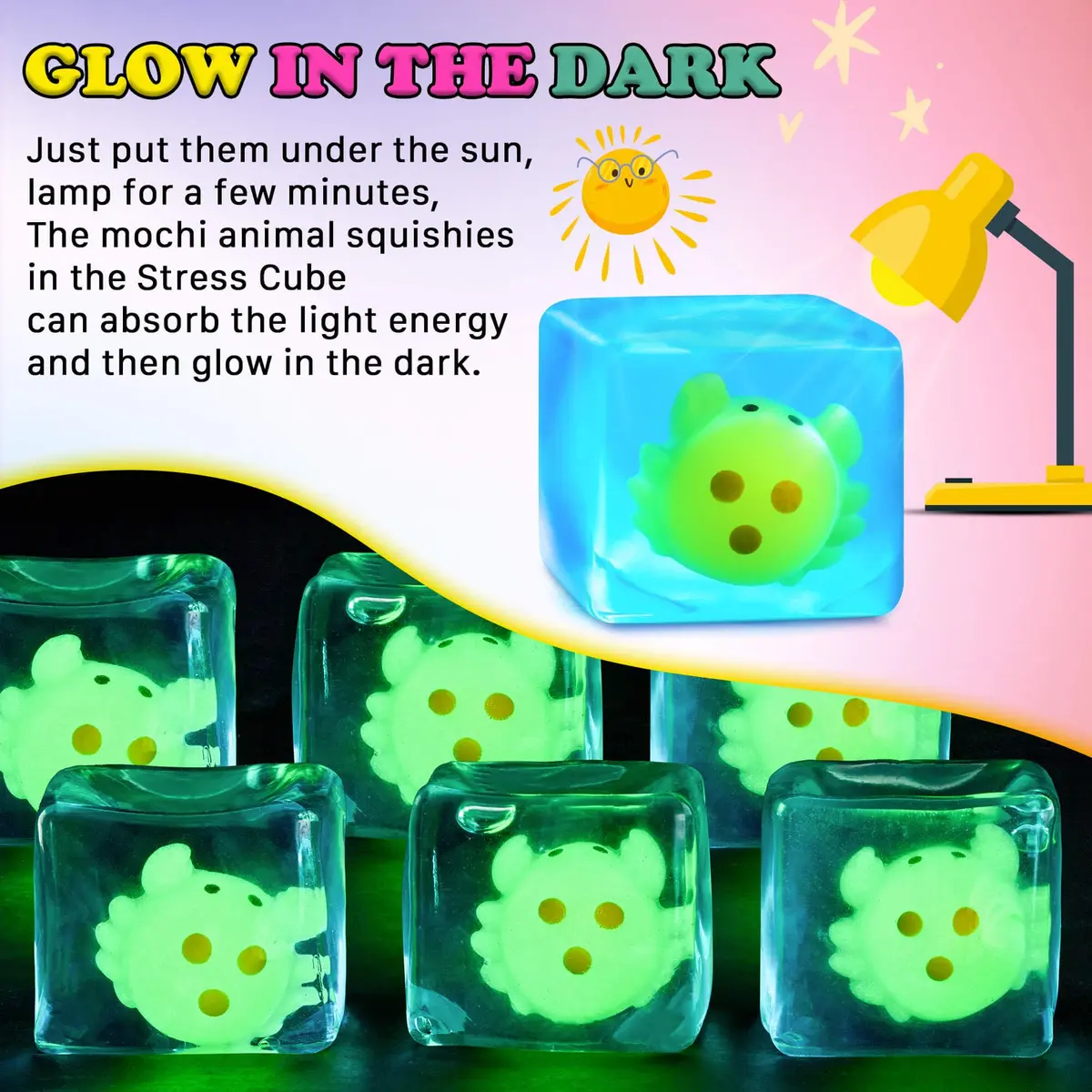 Meijoy Stress Cube Squishy Fidget Toy 6.0cm (2.36 inches) | Glow-in-the-Dark Crab Mochi Inside - view 3