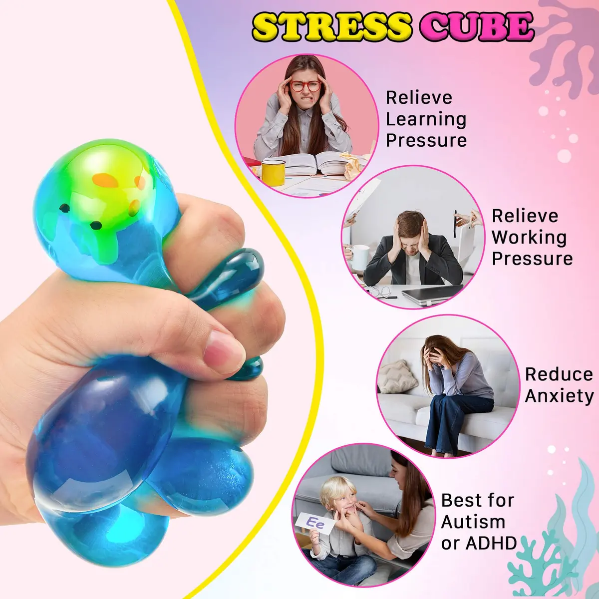 Meijoy Stress Cube Squishy Fidget Toy 6.0cm (2.36 inches) | Glow-in-the-Dark Crab Mochi Inside - view 4