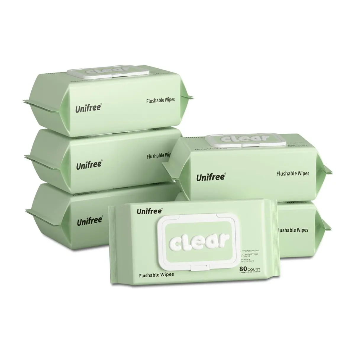 UNIFREE Flushable Wipes | XL Wet Wipes Gentle Clean, Septic & Sewer Safe, 6 Large Packs (480 Wipes) | Biodegradable, Toilet, Flip-Top - main product image