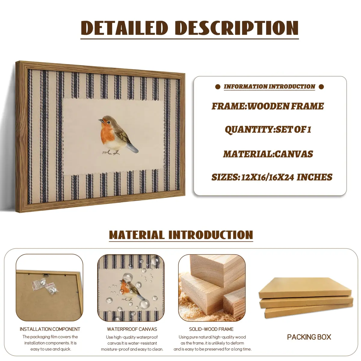 AKWISH Framed Robin Bird Wall Art, 16"L x 12"W Watercolor Canvas, Farmhouse Decor, Vintage Animal Artwork for Living Room & Bedroom - view 5