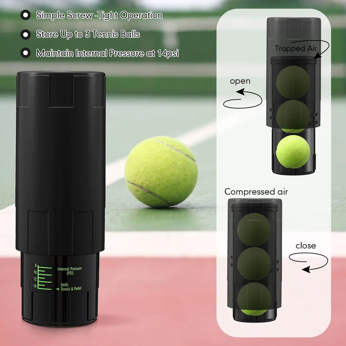 Soulchen Tennis Ball Pressurizer for 3 Balls, Black | Maintains 14 Psi Bounce - view 4