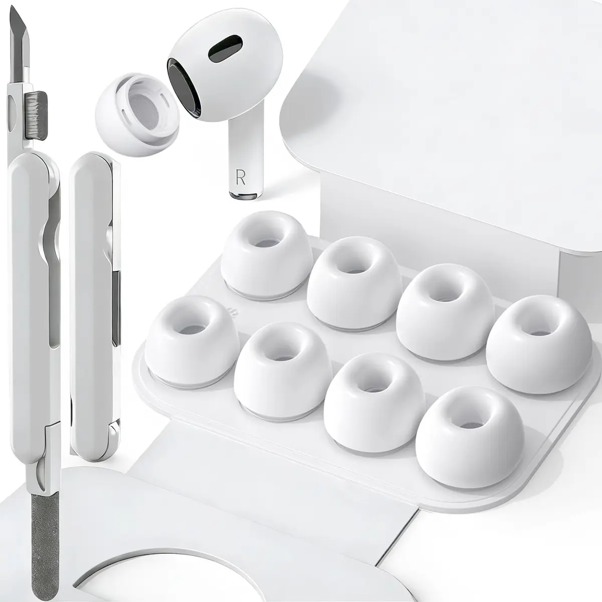 SIXFU Ear Tip Replacement for AirPod Pro & Pro 2 | 4 Sizes, Noise Reduction, Dust Guard, Portable Kit (White) - main product image