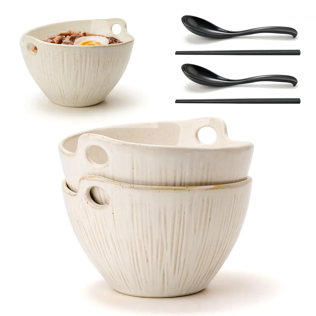 JH JIEMEI HOME Ramen Bowl with Chopsticks & Spoons, 7 Inch Ceramic Set of 2 | Dishwasher Safe for Pho, Udon, Soba, Salad, Pasta - main product image