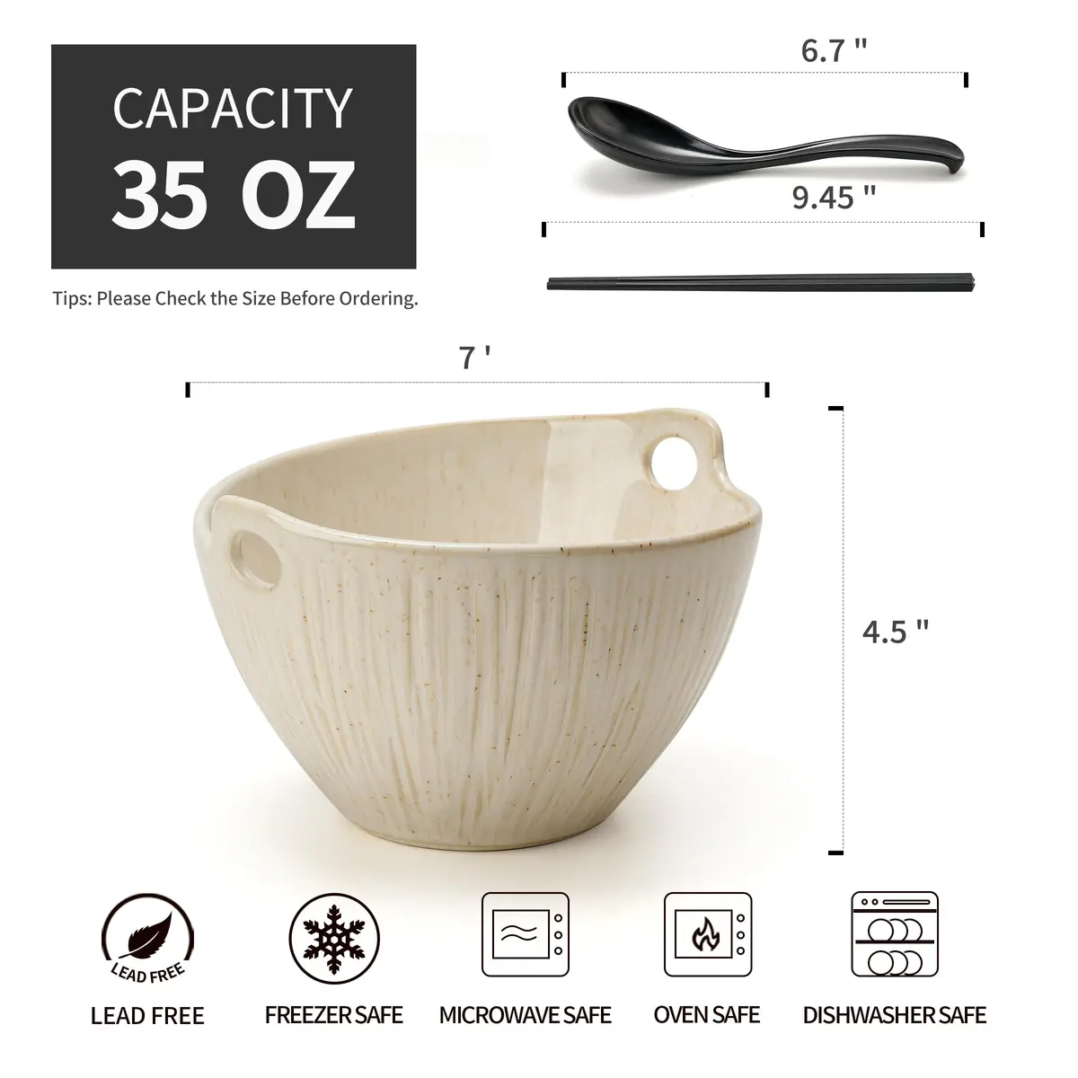 JH JIEMEI HOME Ramen Bowl with Chopsticks & Spoons, 7 Inch Ceramic Set of 2 | Dishwasher Safe for Pho, Udon, Soba, Salad, Pasta - view 3