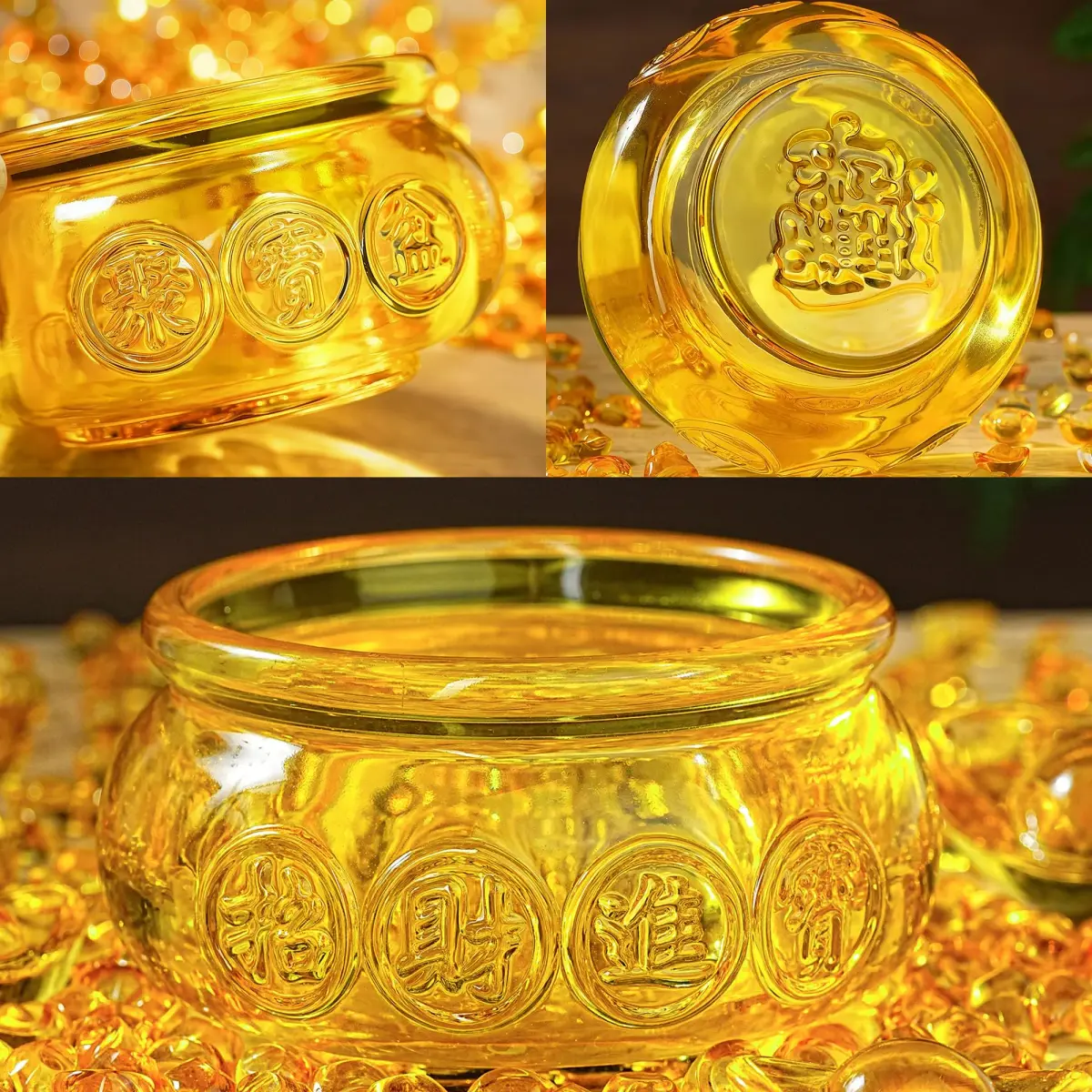 YU FENG Crystal Wealth Bowl with Gold Ingots, 11.9cm (4.7 Inch) Diameter | Feng Shui Prosperity Symbol for Home & Office - view 3