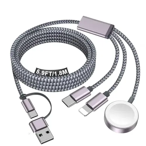 xiwxi 3-in-2 Multi Charging Cable for Apple Watch, iPhone, USB-C (1.5m/5ft) | Travel-Ready Power - main product image