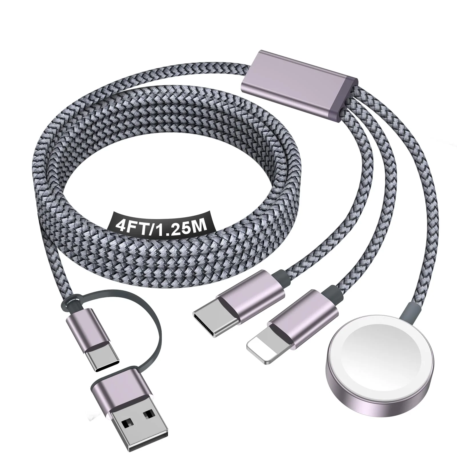 xiwxi 3-in-2 Multi Charging Cable for Apple Watch, iPhone, USB-C (1.5m/5ft) | Travel-Ready Power - main product image