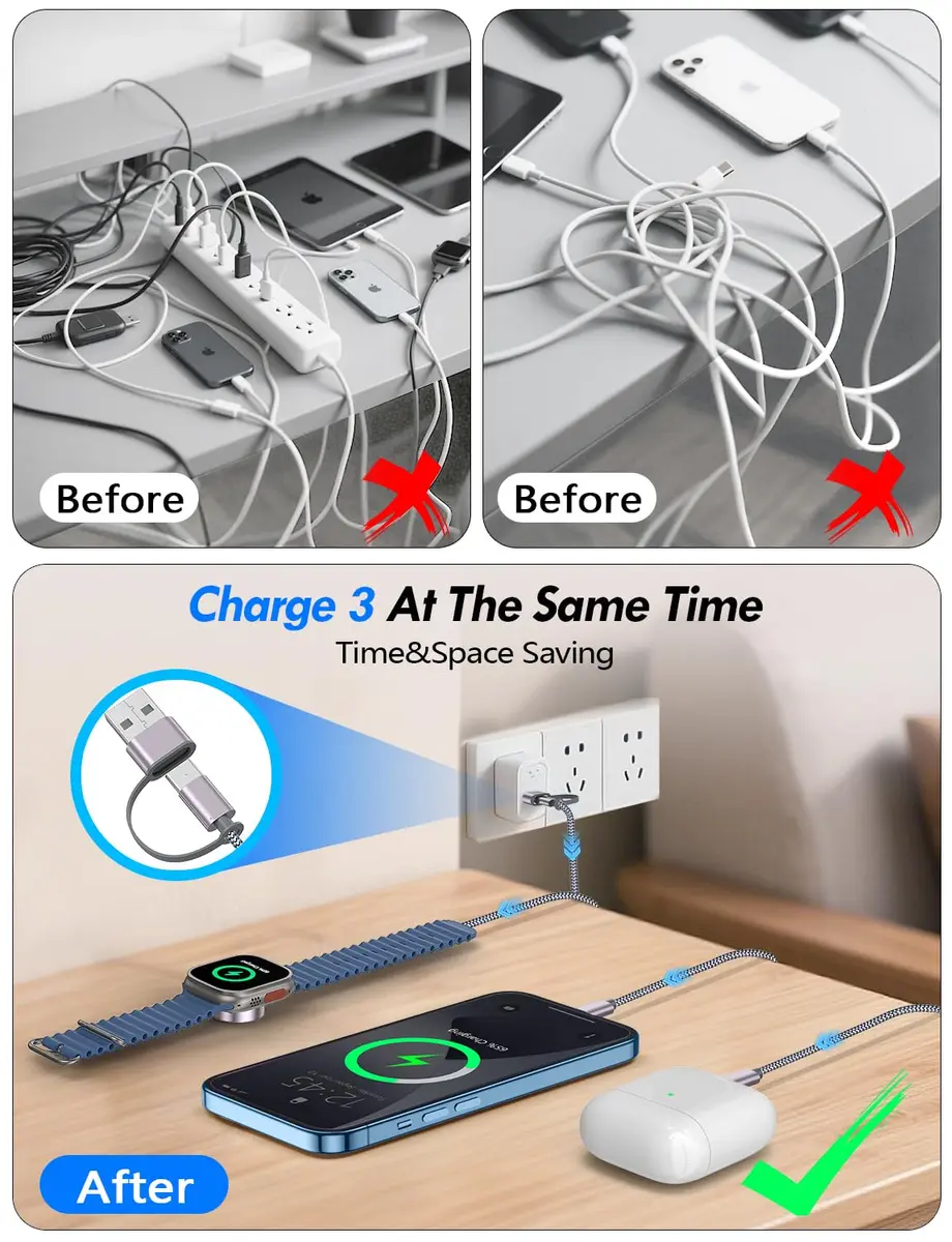 xiwxi 3-in-2 Multi-Charging Cable 1.5m (4.9ft) | Fast Charging for Apple Watch, iPhone, USB-C Devices - view 5