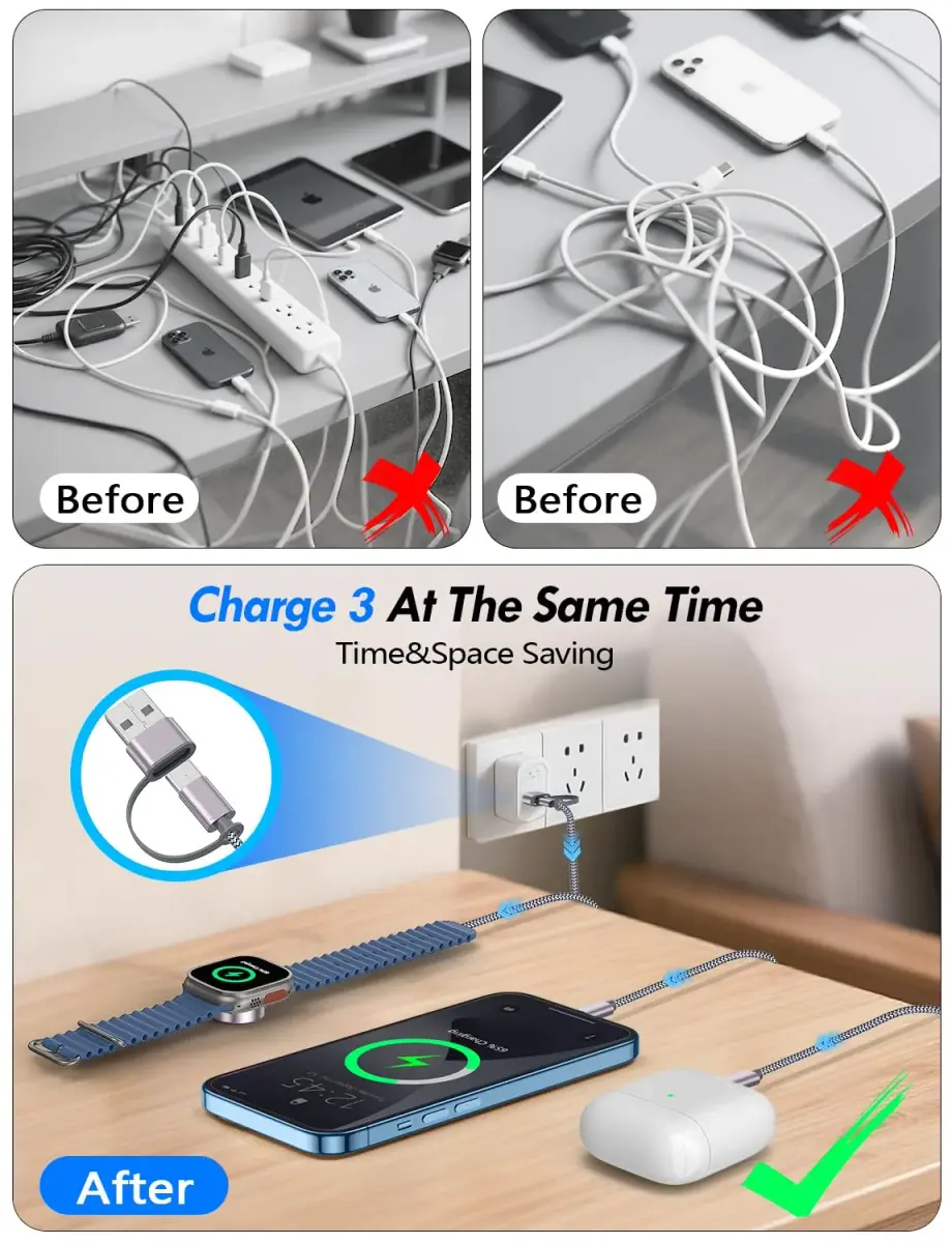 xiwxi 3-in-2 Multi Charging Cable for Apple Watch, iPhone, USB-C (1.5m/5ft) | Travel-Ready Power - view 5