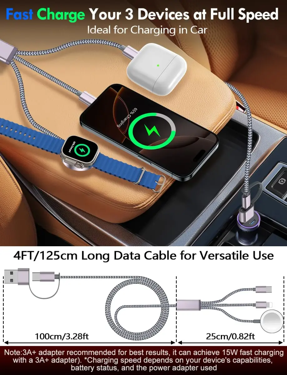 xiwxi 3-in-2 Multi Charging Cable for Apple Watch, iPhone, USB-C (1.5m/5ft) | Travel-Ready Power - view 8