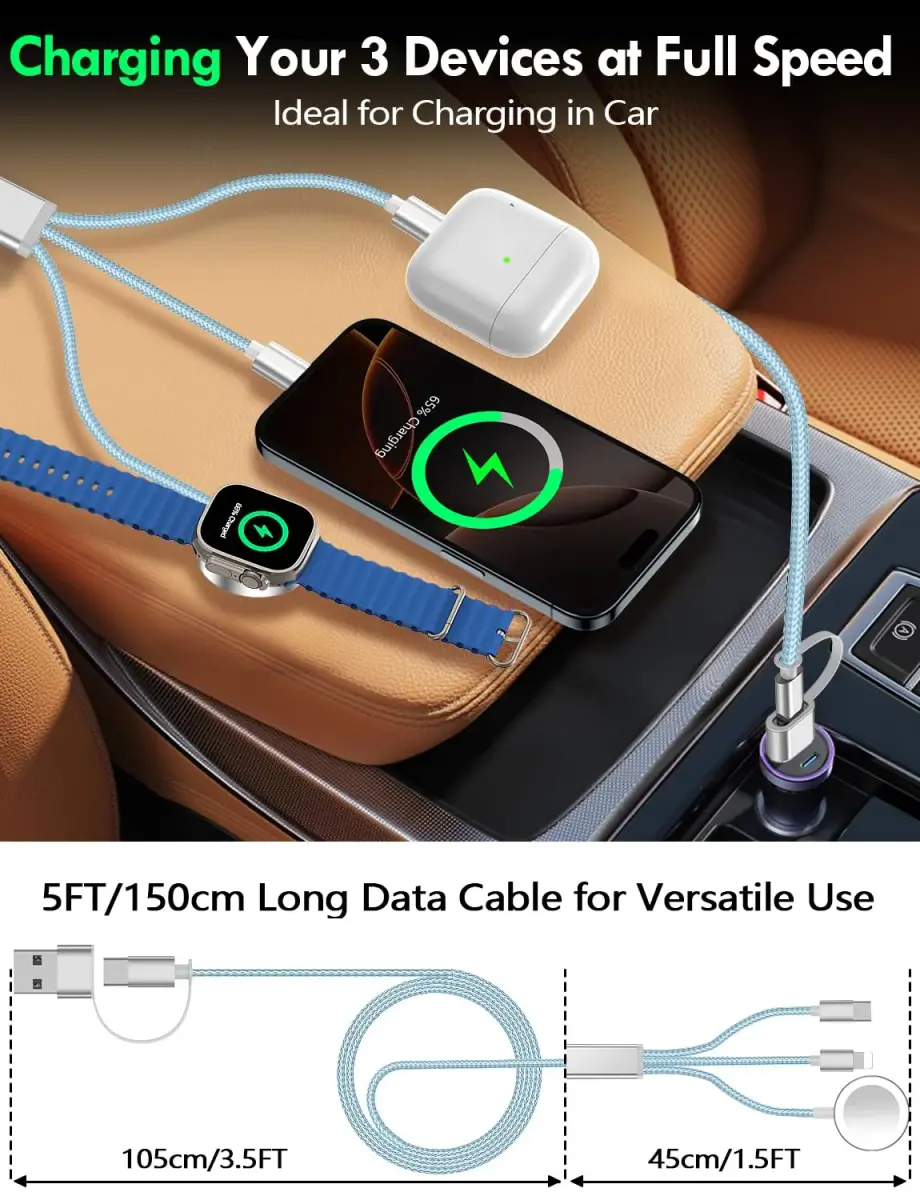 xiwxi 3-in-2 Multi-Charging Cable 1.5m (4.9ft) | MFI-Certified Fast Charging for Apple Watch, iPhone, USB-C - view 7