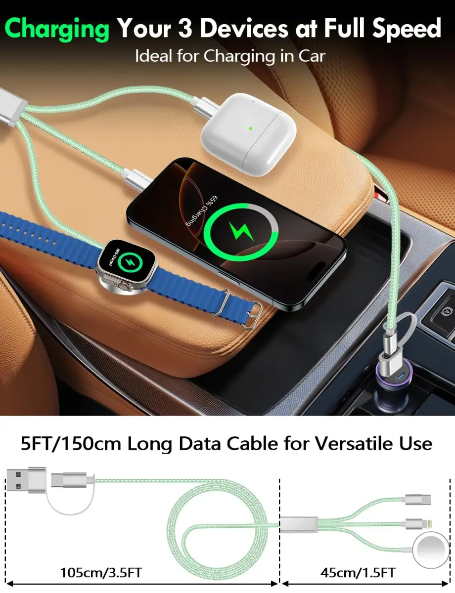 xiwxi 3-in-2 Multi-Charging Cable 1.5m (4.9ft) | MFI Certified Fast Charging for Apple Watch, iPhone, USB-C - view 7