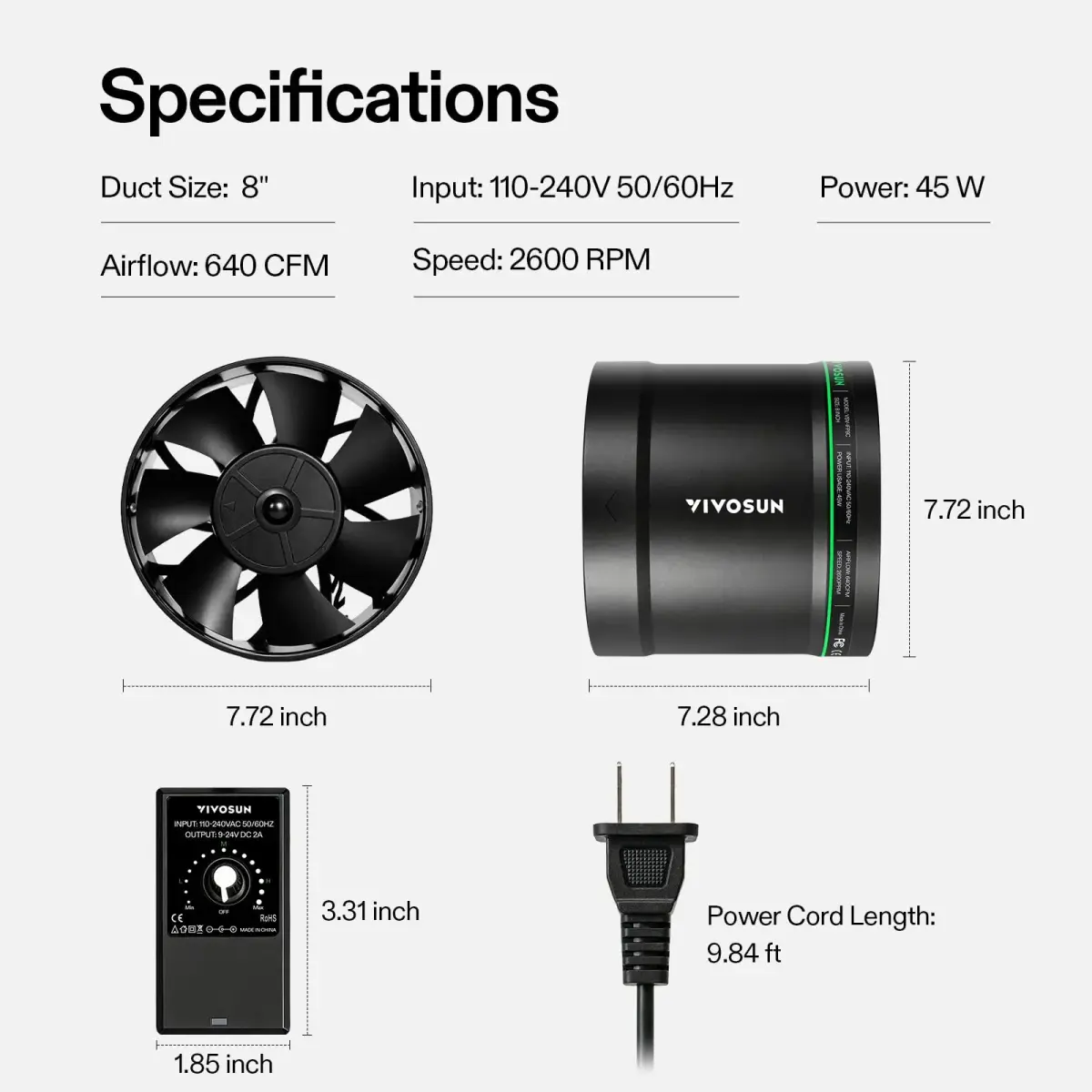 VIVOSUN 8" Inline Duct Fan 640 CFM | Variable Speed Control for Grow Tents & Workshops - view 8