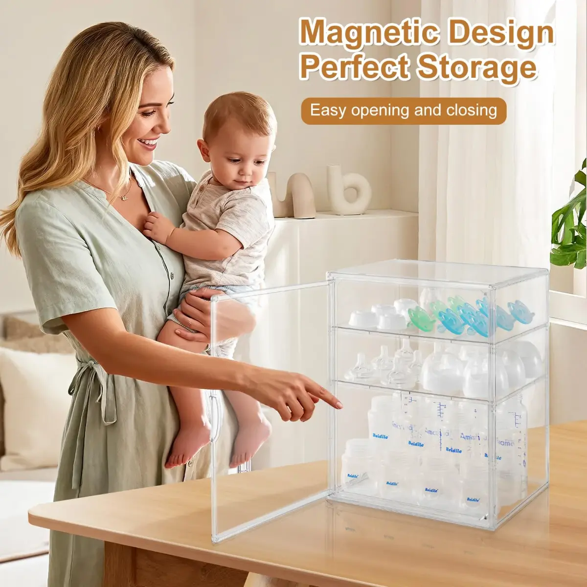 ERTIUANIO 3-Tier Acrylic Baby Bottle Organizer Container with Magnetic Door 10.3" L x 10" W x 14.2" H | Dust-Proof Nursery Storage - view 5