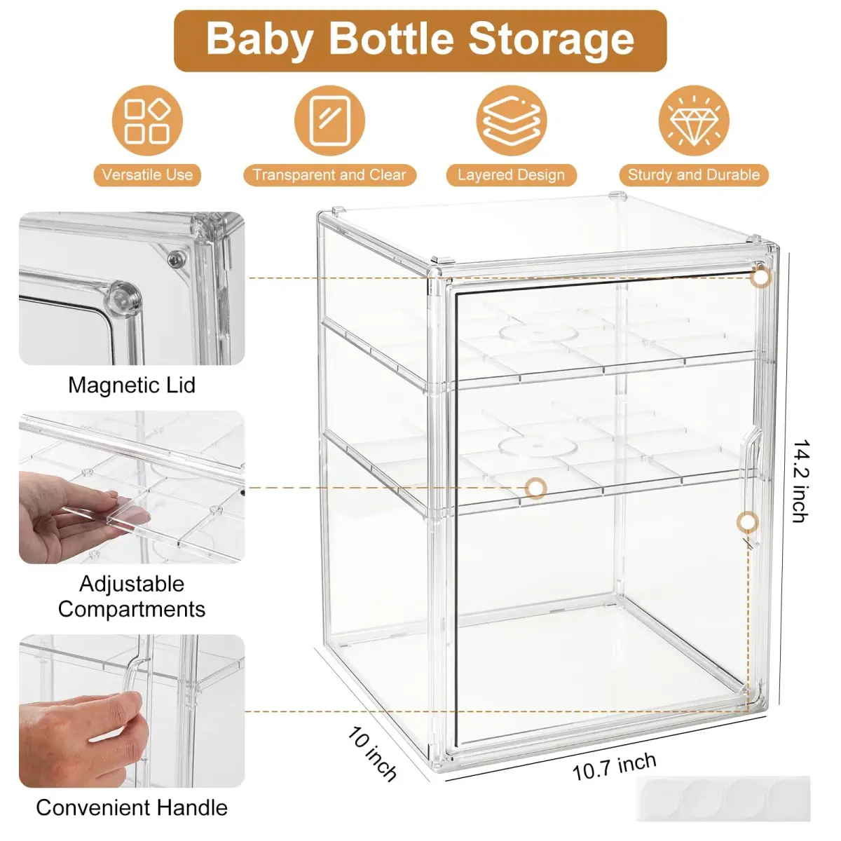 ERTIUANIO 3-Tier Acrylic Baby Bottle Organizer Container with Magnetic Door 10.3" L x 10" W x 14.2" H | Dust-Proof Nursery Storage - view 2