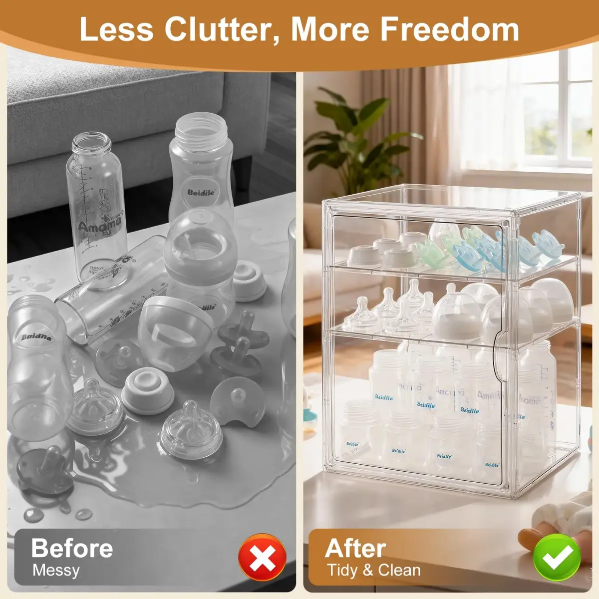ERTIUANIO 3-Tier Acrylic Baby Bottle Organizer Container with Magnetic Door 10.3" L x 10" W x 14.2" H | Dust-Proof Nursery Storage - view 3