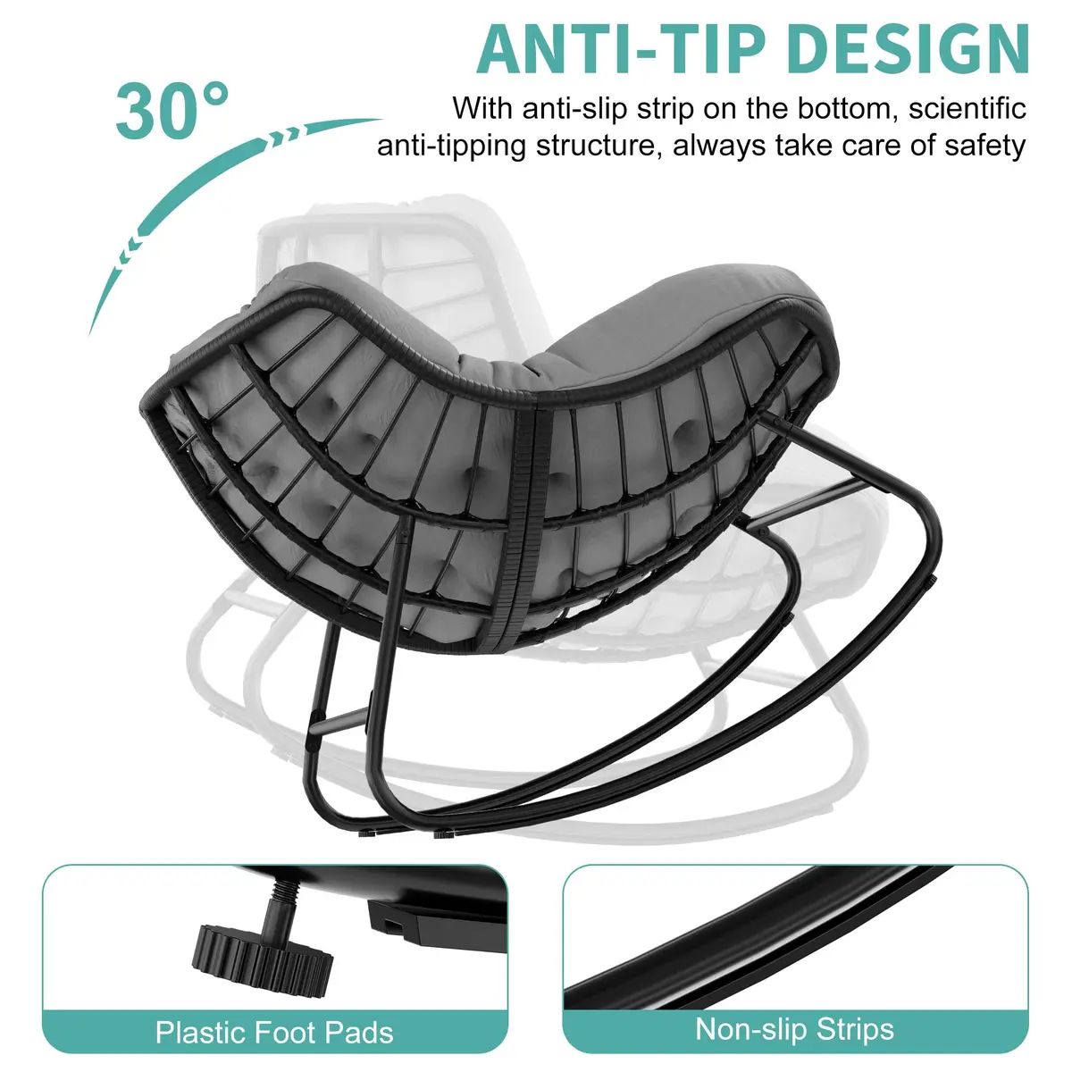 Fancyango Oversized Egg Rocking Chair for Indoor/Outdoor – All-Weather Wicker Rattan Lounge Chair with Cushion, Patio Rocker for Porch, Garden, or Balcony (Grey, 37.8" D x 36.6" W x 33" H) - view 5